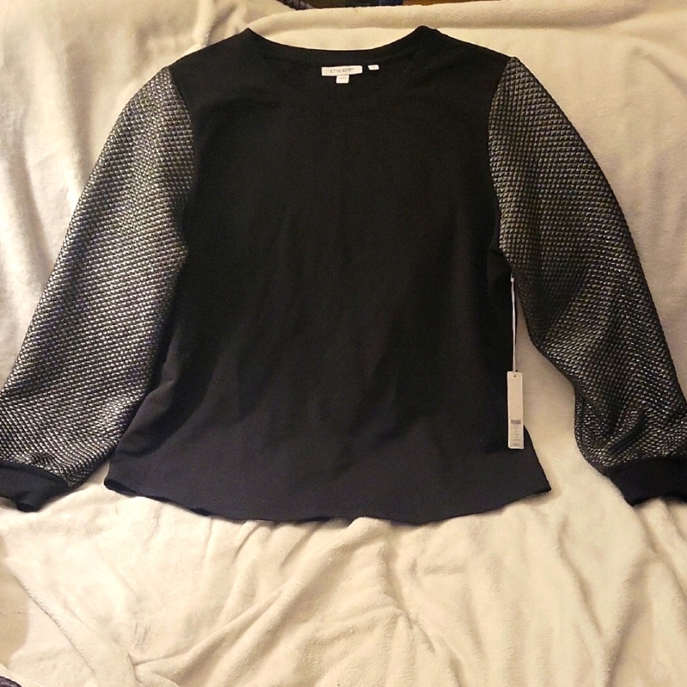Chico's Black Long Sleeve Top with Patterned Sleeves Size 2.